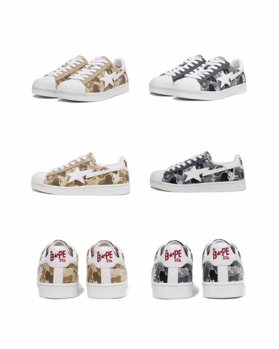 BAPEOFFICIAL's tweet photo. BAPE®︎ x Def Jam 

BAPE® and Def Jam Enterprise unite for a bold collection featuring a Shark Full Zip Hoodie, College Logo Tees, All-Over Print Tees, and SKULL STAs, a popular BAPE® sneaker model that was revived exclusively for this collaboration. 

Dropping Oct 18 at BAPE STORE® and https://t.co/IBXRBlilL2. 

#BAPExDEFJAM #BAPE #ABATHINGAPE