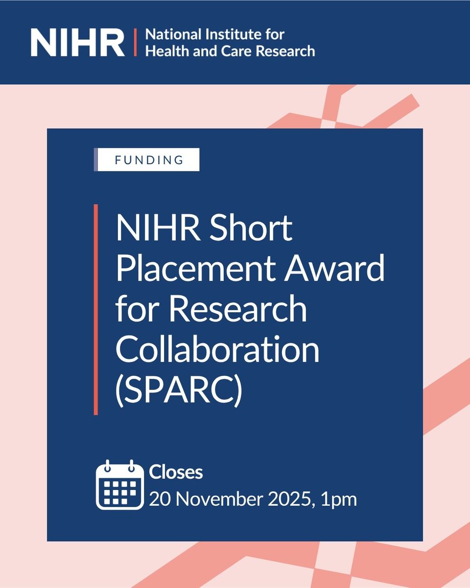 NIHRresearch's tweet photo. Apply for our SPARC award for the chance to design and undertake a short, bespoke placement within a part of the NIHR.

The Short Placement Award for Research Collaboration provides funding of up to £15,000 and helps you optimise and enhance your research training experience, CV and academic career.

Find out more: https://t.co/nKuYo1eFUU