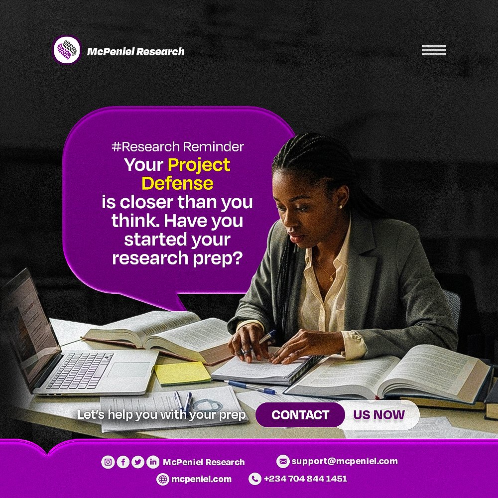 mcp_research's tweet image. Your project defense is coming faster than you think. Now is the best time to start shaping your research topic ideas.

Start now—send us your research topic today and get professional guidance before your project defense. DM or Call us on +234 704 844 1451.

#mcr #research