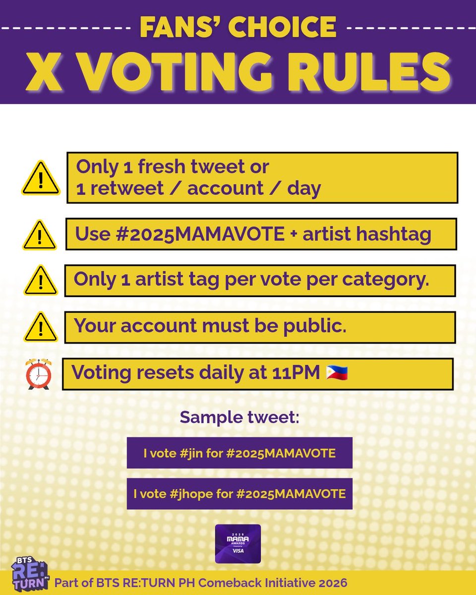 🚨 2025 MAMA AWARDS — FANS' CHOICE FIRST VOTE 🚨

ARMYs, it’s time to rise and RE:CLAIM the crown! 👑💜
Vote for JIN and j-hope in the FANS' CHOICE Male category🗳️

❓Ways to Vote
1⃣Mnet Plus App - 90%
• Strictly ONE vote / device / day
• Choose 1-3 artists in male &amp; female