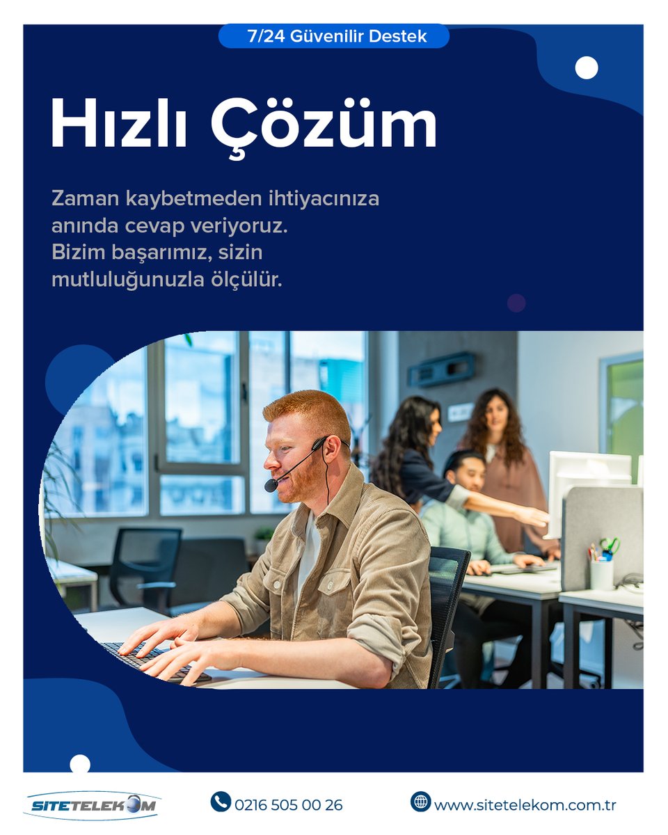 ⏱️ 7/24 Destek, Hızlı Çözüm! ⚡

Müşterilerimize kesintisiz iletişim ve anında çözüm sunmak için 7 gün 24 saat hizmet veriyoruz.

Uzman ekibimizle, her çağrıda hızlı, güvenilir ve çözüm odaklı yaklaşımımızla iş ortaklarımızın yanında olmaktan gurur duyuyoruz. 💼📞

#SiteTelekom