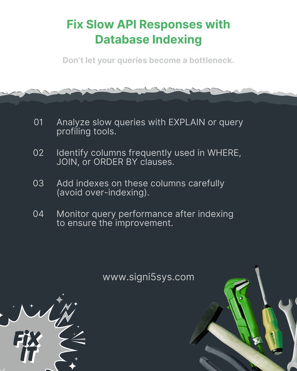 signi5sys's tweet image. Slow APIs? The culprit might be your database queries. Adding smart indexes is a simple fix we use in our production systems to keep API responses fast and smooth.

#FixItFriday #DatabaseTips #DevOps #APIOptimization #DeveloperHacks #ProductionReady #TechTips