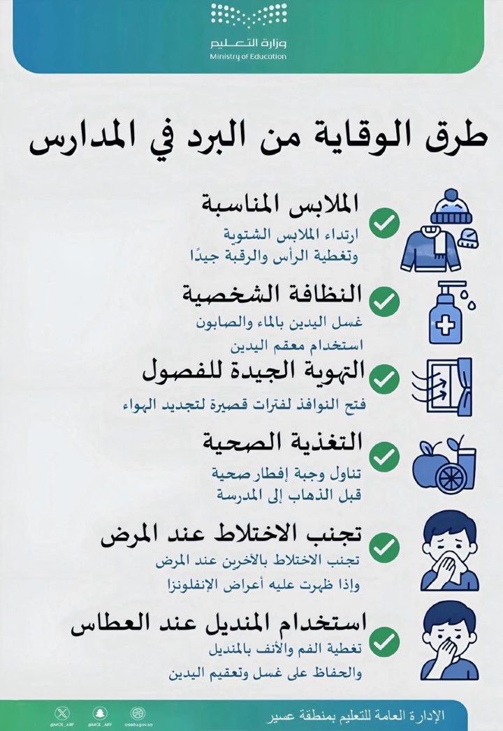 إرشادات للوقاية من البرد في المدارس..
#تعليم_عسير