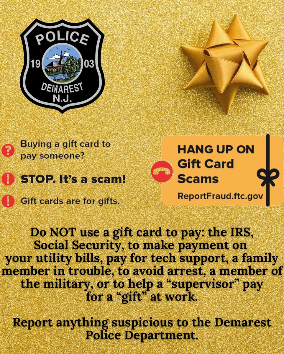 DemarestPd's tweet photo. Don’t get scammed! Gift cards are for gifts — not for payments. If someone asks you to pay with a gift card, it’s a scam. Stay alert, double-check, and protect your money https://t.co/08cpZSkgAZ