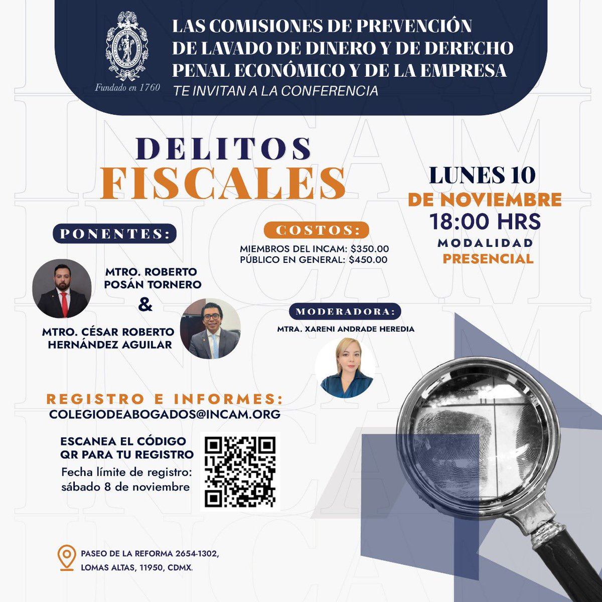 Graciela Pompa (@grace_pompa) on Twitter photo Les invitamos a la Conferencia “Delitos Fiscales” a cargo del Juez Roberto Posán Tornero, el ex Juez César Roberto Hernández, moderando la Mtra. Xareni Andrade.
10 noviembre, 18 horas en el <a href="/INCAM_Abogados/">Colegio de Abogados</a> 👇🏻 Les invitamos a la Conferencia “Delitos Fiscales” a cargo del Juez Roberto Posán Tornero, el ex Juez César Roberto Hernández, moderando la Mtra. Xareni Andrade.
10 noviembre, 18 horas en el <a href="/INCAM_Abogados/">Colegio de Abogados</a> 👇🏻
