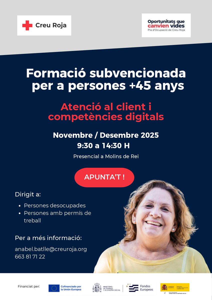 Formació subvencionada per a persones+45 anys, per tal de fomentar la inclusió activa a fi de promoure la igualtat d'oportunitats, la no discriminació i la participació activa, en particular dels grups desfavorits. +Info a la Bio
<a href="/crvallirana/">Creu Roja Vallirana</a> #desafíomás45plus #ocupació #formació