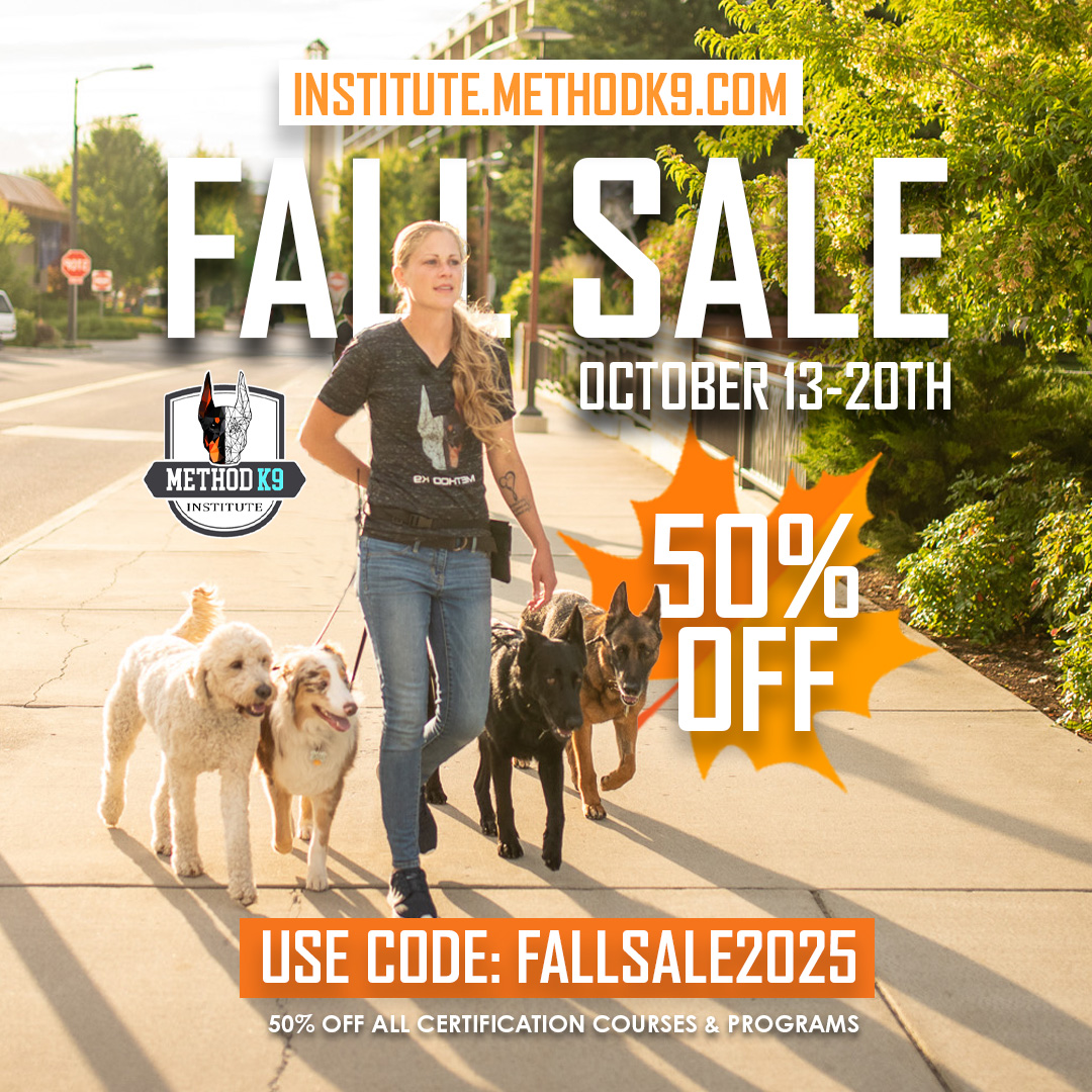 Methodk9's tweet photo. Method K9 Institute's 50% OFF Fall Sale is here! This is for ALL Dog Trainer certification programs, our subscription page, and premium online courses from October 13-20th. USE CODE: FALLSALE2025
 https://t.co/wrUU2j4nK3 #dogtraining #certifieddogtrainer https://t.co/8VUT6Iyl2Q