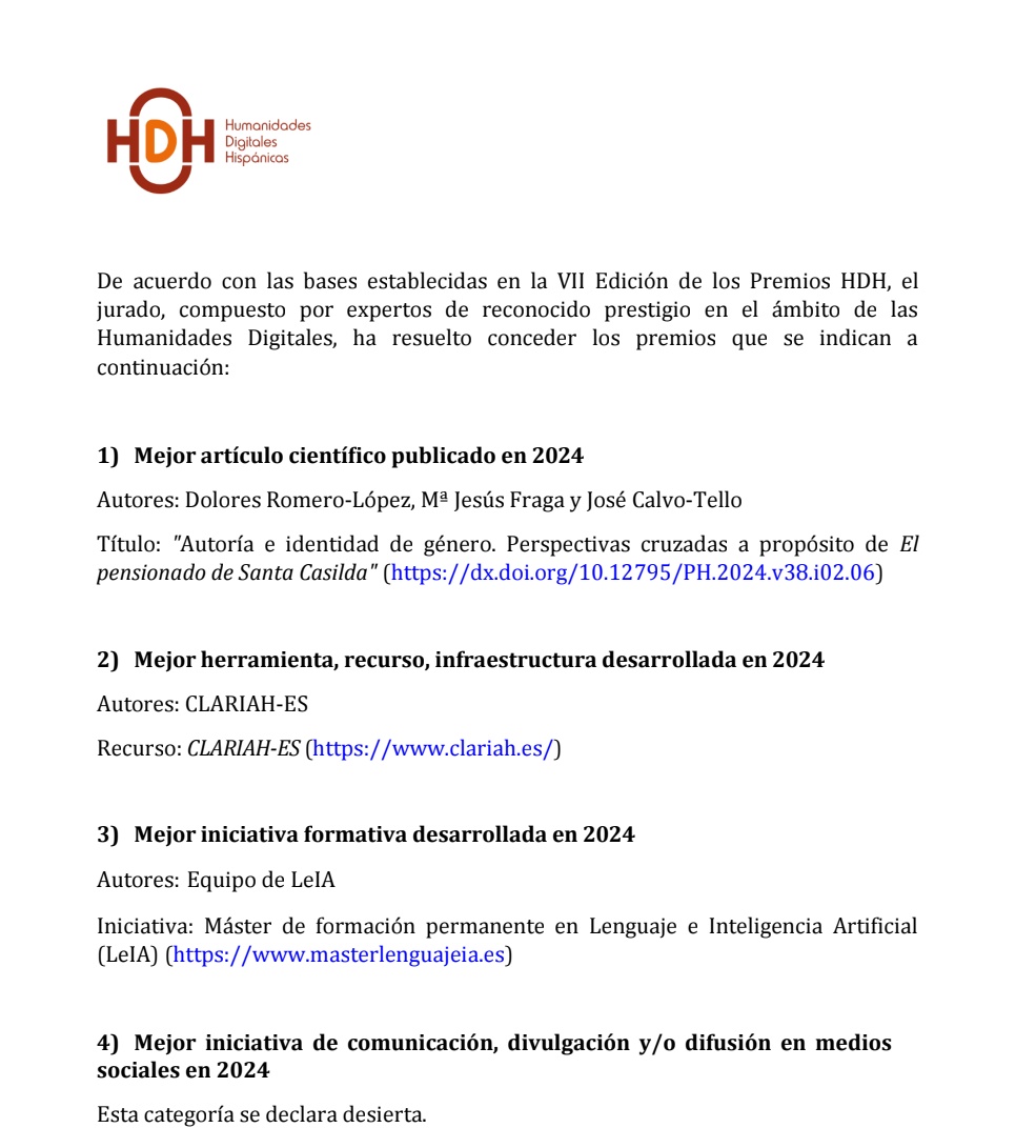 Como cierre estelar del congreso #hdh2025 tendrá lugar la ceremonia de entrega de los premios correspondientes a las convocatorias de los #PremiosHDH2024 y #PremiosHDH2025. 
¡Esta es la relación de ganadores! 

Más información en humanidadesdigitaleshispanicas.es/convocatorias/…