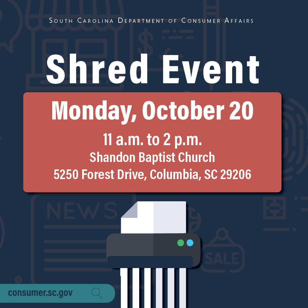 SCDCA's tweet image. Our next Shred Event of the fall is Monday, October 20, at Shandon Baptist Church! To shred your sensitive documents in a timely manner, each shred event is set up as a drive-through.
For more details: consumer.sc.gov/upcoming-prese…

#SCDCA #shred #consumerprotection #consumerresources