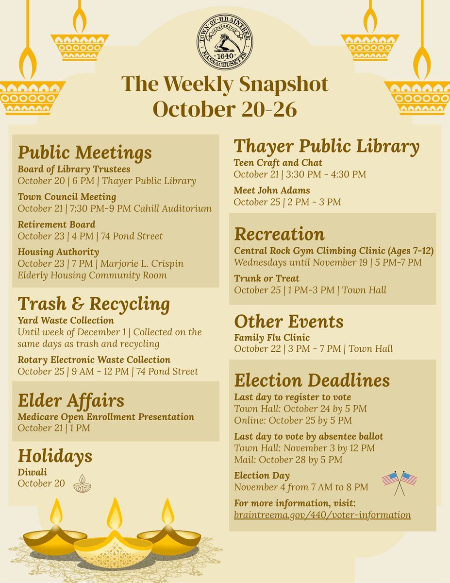Check out what's happening in Town from October 20-26. For more information, visit: braintreema.gov.