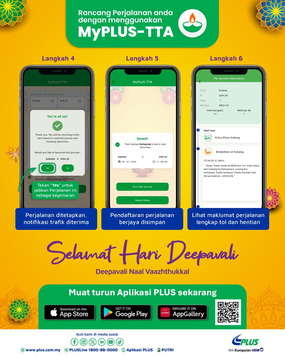 Rancang Perjalanan Anda Lebih Awal dengan MyPLUS-TTA!

Hujung minggu ini merupakan tempoh perjalanan puncak musim perayaan Hari Deepavali, di mana aliran trafik di rangkaian Lebuhraya PLUS dijangka lebih tinggi berbanding biasa.

Untuk memastikan perjalanan yang lebih lancar dan