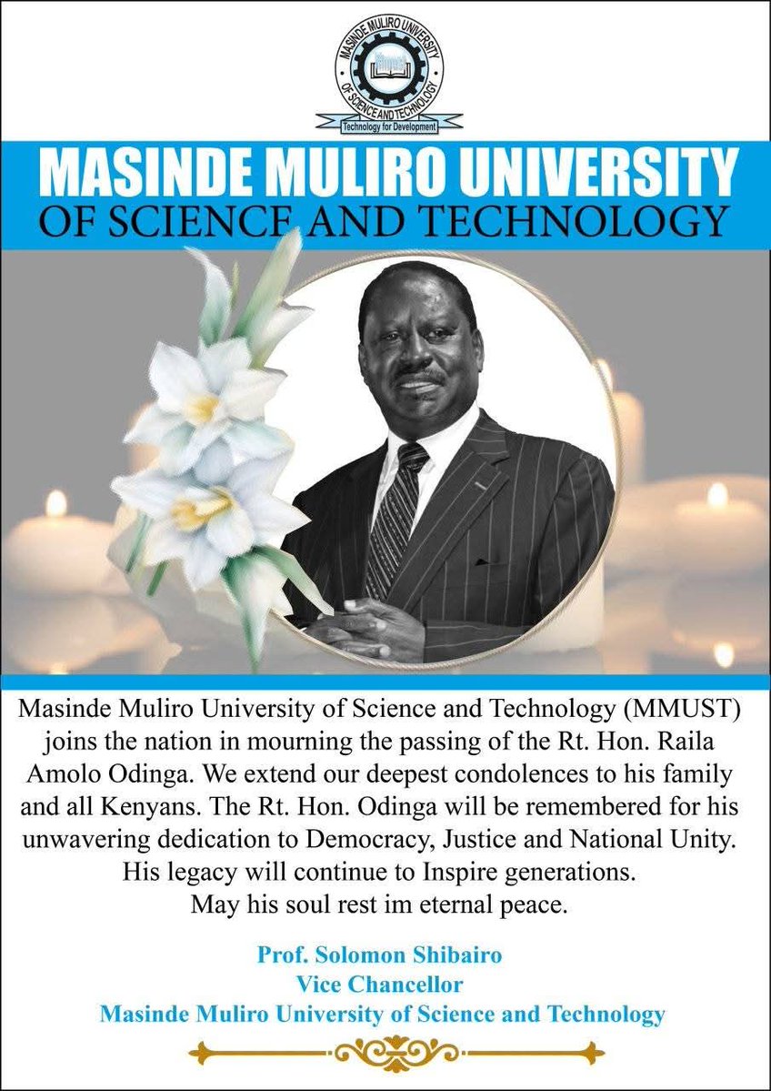 MMUST_Kenya's tweet image. Kenya Mourns a Legend 🕊️
MMUST joins the rest of the country in mourning the passing of Rt. Hon. Raila Amolo Odinga, a Visionary Leader, Statesman, and Tireless Advocate for Democracy.
His legacy will continue to inspire generations.
#RIP #railaodinga