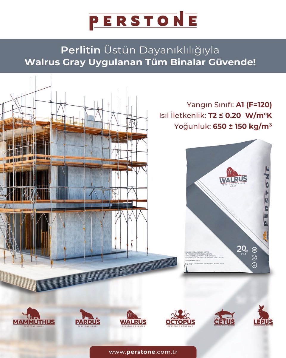 Perlit esaslı Walrus Gray Hazır Sıva; A1 (F=120) yangın sınıfı, T2 ≤ 0.20 W/m°K ısıl iletkenlik ve 650 ± 150 kg/m³ yoğunluk özellikleriyle üstün ısı ve ses yalıtımı sağlar. Perlitin gücünden gelen koruma ile yapılar, Walrus Gray sayesinde güvenli ve konforlu hale gelir.