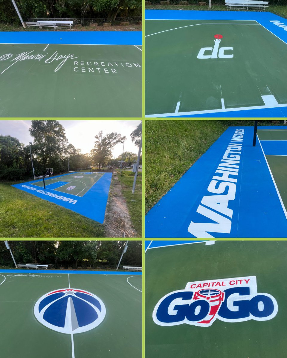 FieldLiningUS's tweet photo. Monumental Sports committed to revitalizing courts in DC. Check out the Marvin Gaye Rec Center logos and finishing touches we added to this freshly resurfaced basketball court.

It's all in the details 🏀✨

#CourtArt #CourtLining #GameReady #wizardsbasketball #basketballcourt https://t.co/cN1pTxMh2T
