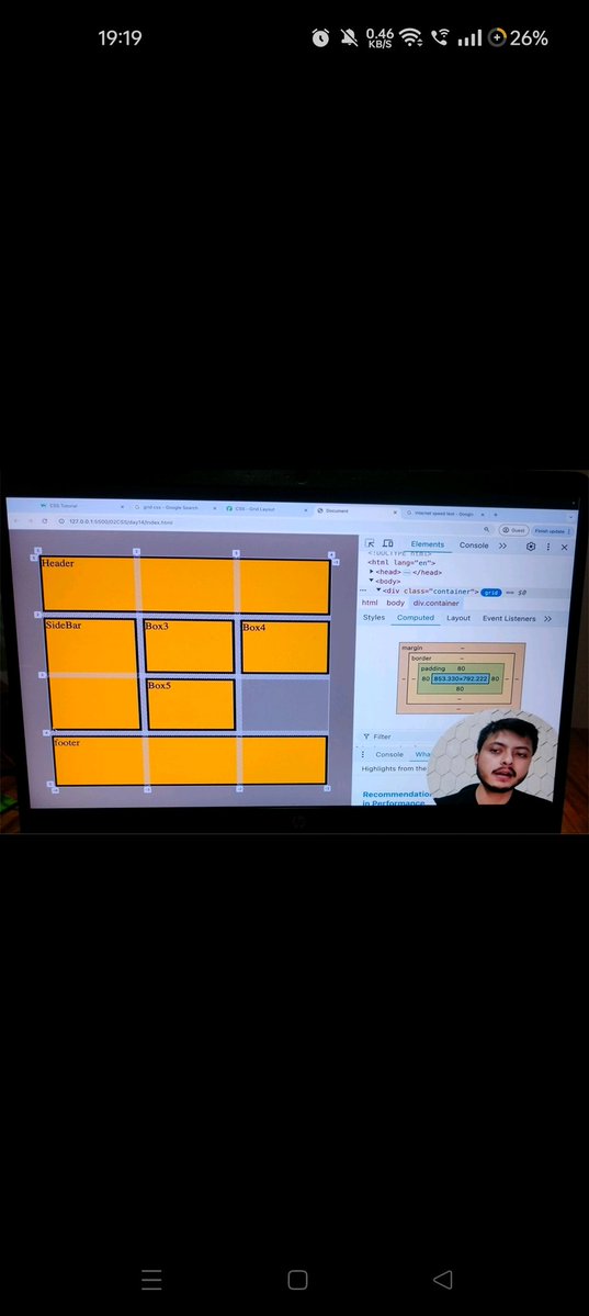 CodeWithDev06's tweet image. ✅Day 18 - Web Development Journey 🚀
🧿Today I learned about CSS Grid – a powerful 2D layout system in CSS.
It helps structure web pages using rows and columns, making complex layouts easy and responsive.
Key takeaway: display: grid; is a game-changer! 💻
#100DaysOfCode #CSS