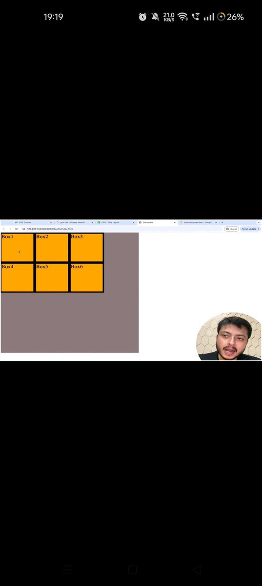 CodeWithDev06's tweet image. ✅Day 18 - Web Development Journey 🚀
🧿Today I learned about CSS Grid – a powerful 2D layout system in CSS.
It helps structure web pages using rows and columns, making complex layouts easy and responsive.
Key takeaway: display: grid; is a game-changer! 💻
#100DaysOfCode #CSS