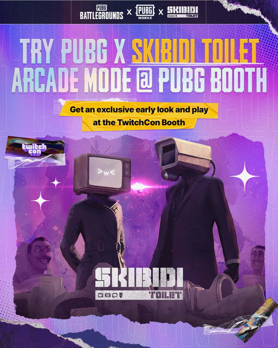 🚨Exclusive first flush at <a href="/TwitchCon/">TwitchCon</a> San Diego! Visit the PUBG booth and be the very first to experience the chaos of the PUBG x Skibidi Toilet Arcade Mode. 

📅TwitchCon San Diego • Oct 17–19
#PUBG #PUBGxSKIBIDITOILET #TwitchCon <a href="/SkibidiOfficial/">SKIBIDI TOILET</a>