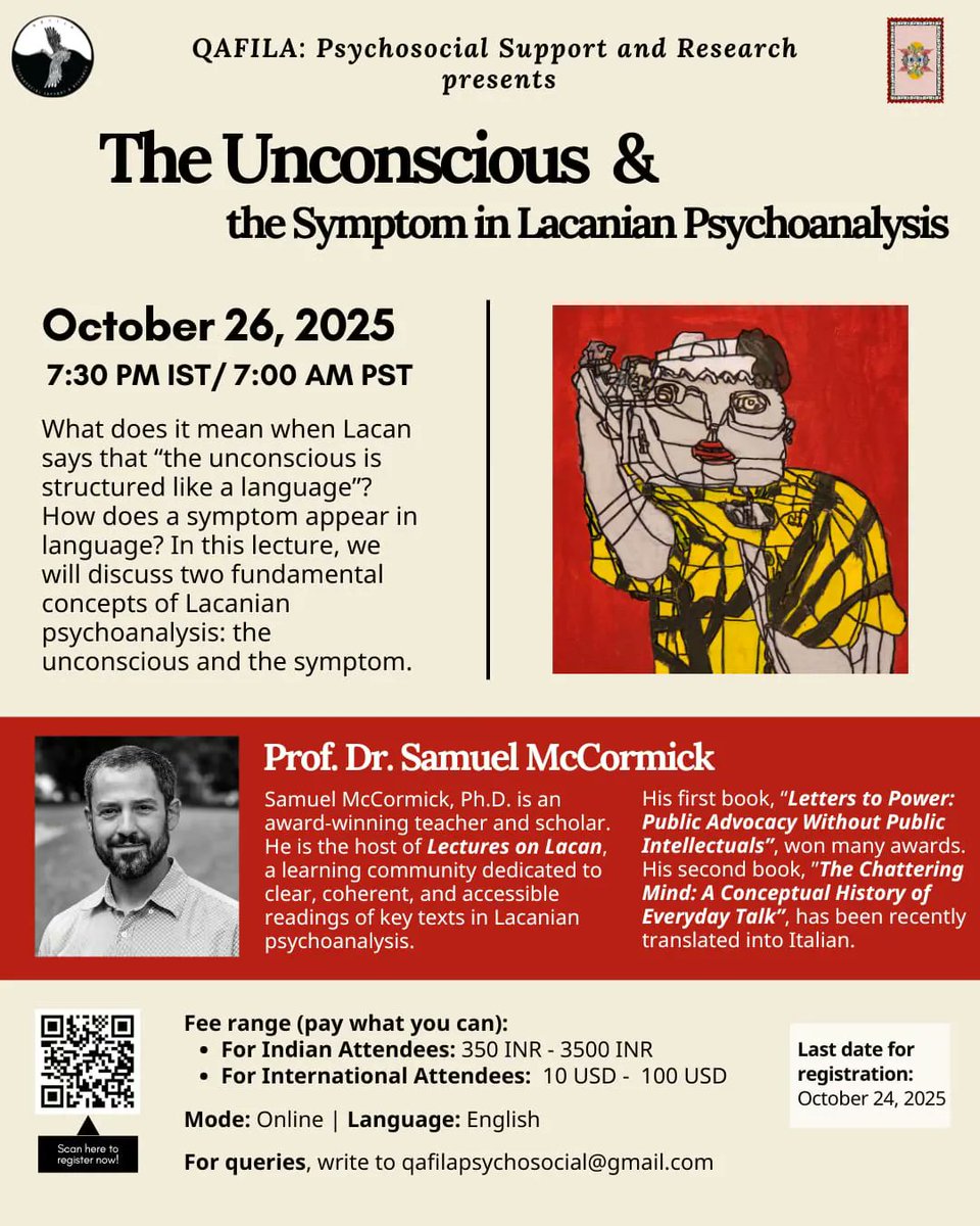 Join Prof. Dr. Samuel McCormick, host of Lectures on Lacan, as he delves into two key pillars of Lacanian psychoanalysis: the unconscious and the symptom.

Register Here - forms.gle/ZKGMfaNtKTAHXk…

#lacan #psychoanalysis #therapy #samuelmccormick #symptom #unconscious #language