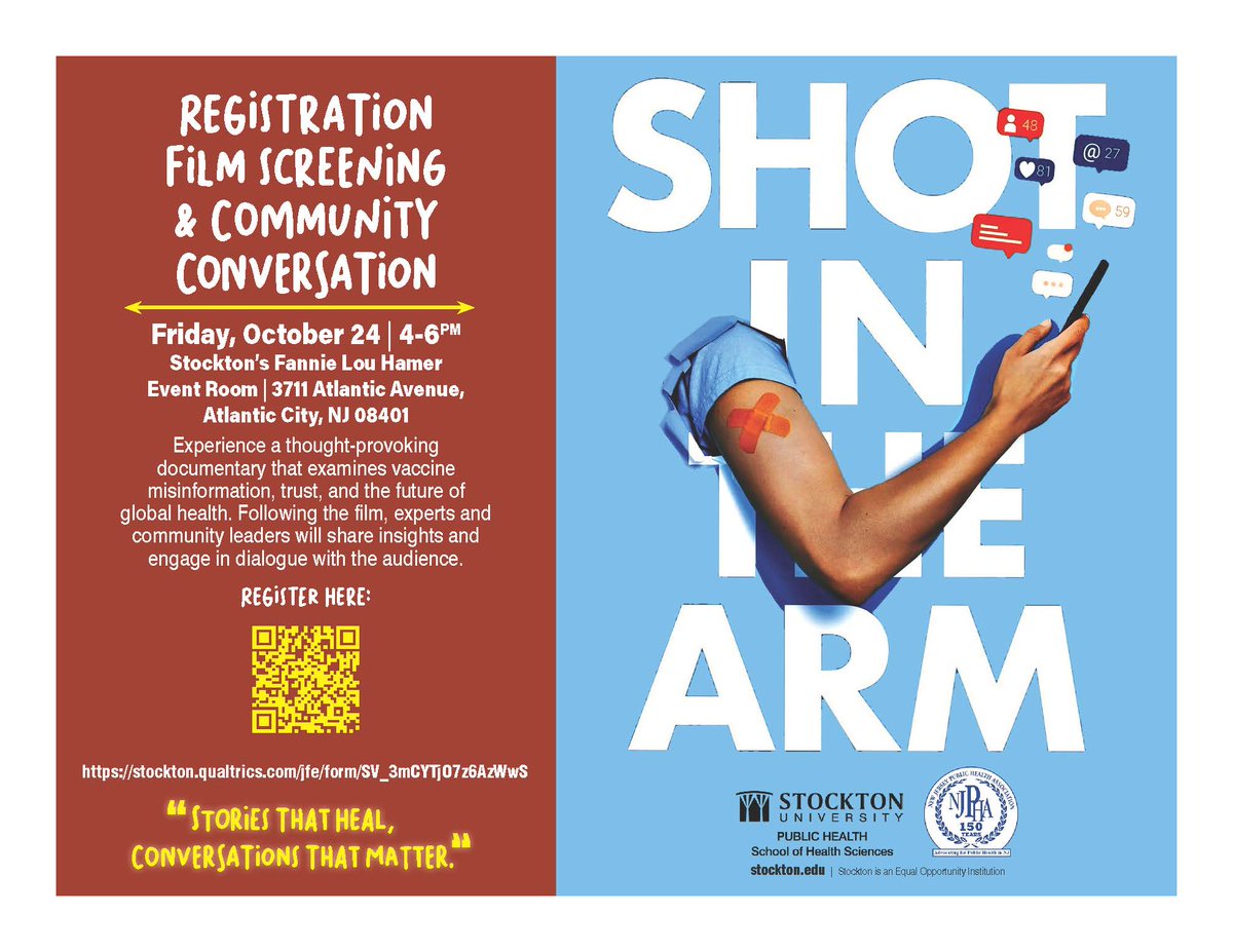Stories That Heal, Conversations That Matter
Fri, Oct 24, 2025 | 4-6PM

Watch a documentary on vaccine misinformation &amp; global health + join a discussion with experts.

Stockton’s Fannie Lou Hamer Event Room
3711 Atlantic Avenue, AC, NJ 08401

Register: stockton.edu