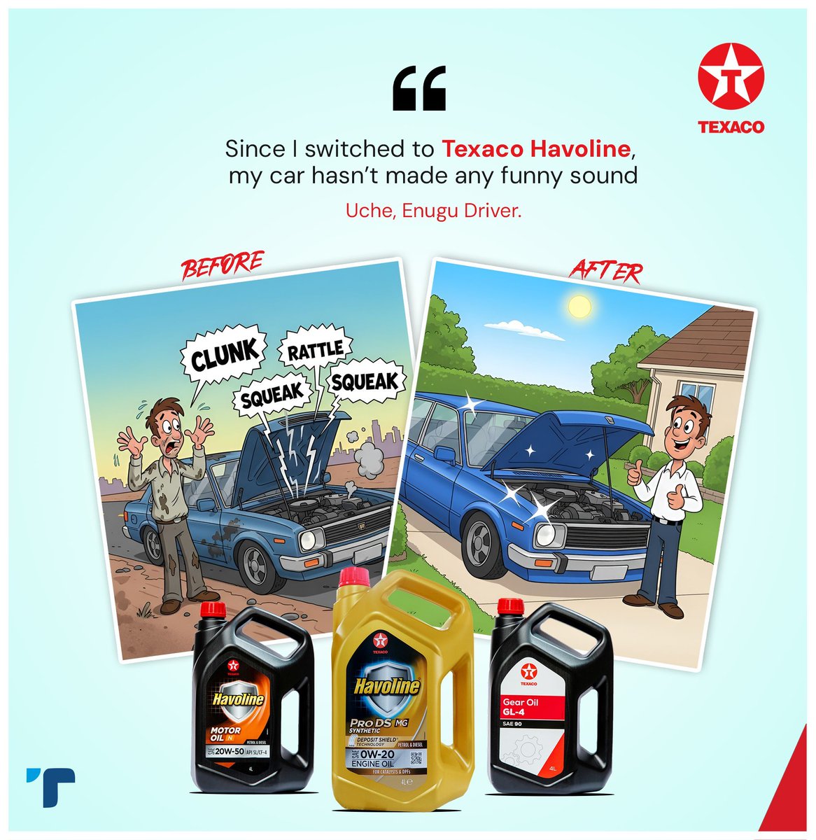 tethysltdng's tweet photo. Uche’s story is proof that Texaco lubricants go the extra mile to give you the best driving experience and save your money.

Share YOUR Texaco story in the comments.

#tethysltd #choosetexaco #texacohavoline #texacolubricant #engineprotectection #havolineprods #feedbackfriday https://t.co/k9y05u8teM