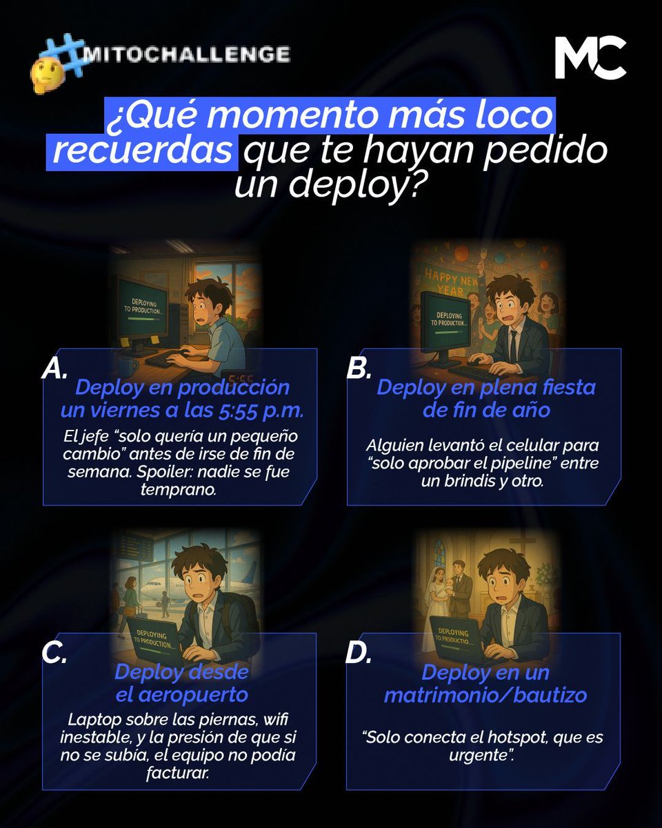mitocode's tweet image. ¡Hey Coder! 🙋🏻♀️🙋🏻♂️. ¿Qué momento más loco recuerdas que te hayan pedido un deploy? 🤔 Cuéntanos en los comentarios 💬
.
#mitocode #programacion #programador #tecnologia #deploy #anecdotas