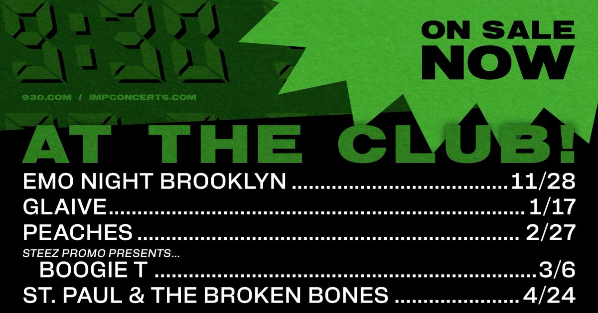 ON SALE NOW: @emonight_bk, <a href="/glaive/">glaive</a>, <a href="/peaches/">Peaches</a>, <a href="/boogietmusic/">Boogie T</a>, and @stp_brokenbones
🎟️: 930.com