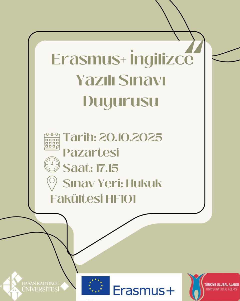 📢 ERASMUS+ İngilizce Yazılı Sınav Duyurusu

📅 Tarih: 20 Ekim Pazartesi
🕔 Saat: 17:15
📍 Yer: Hukuk Fakültesi HF101
Erasmus+ başvurusu yapan tüm öğrencilerin dikkatine! İngilizce yazılı sınav için yukarıdaki tarih ve saatte sınav yerinde olmanız gerekmektedir. 🎓✈️