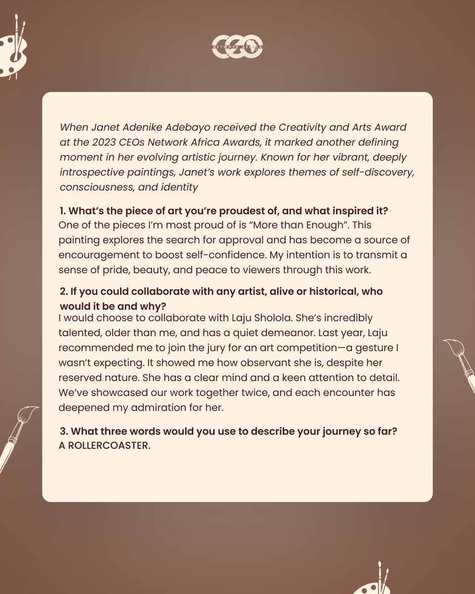 Alumni Spotlight: Janet Adebayo (CNA ’23)
A confessional artist whose paintings are as bold as they are introspective.

Her journey so far? A rollercoaster.

#CNAAlumniSpotlight #CNAAwards2025