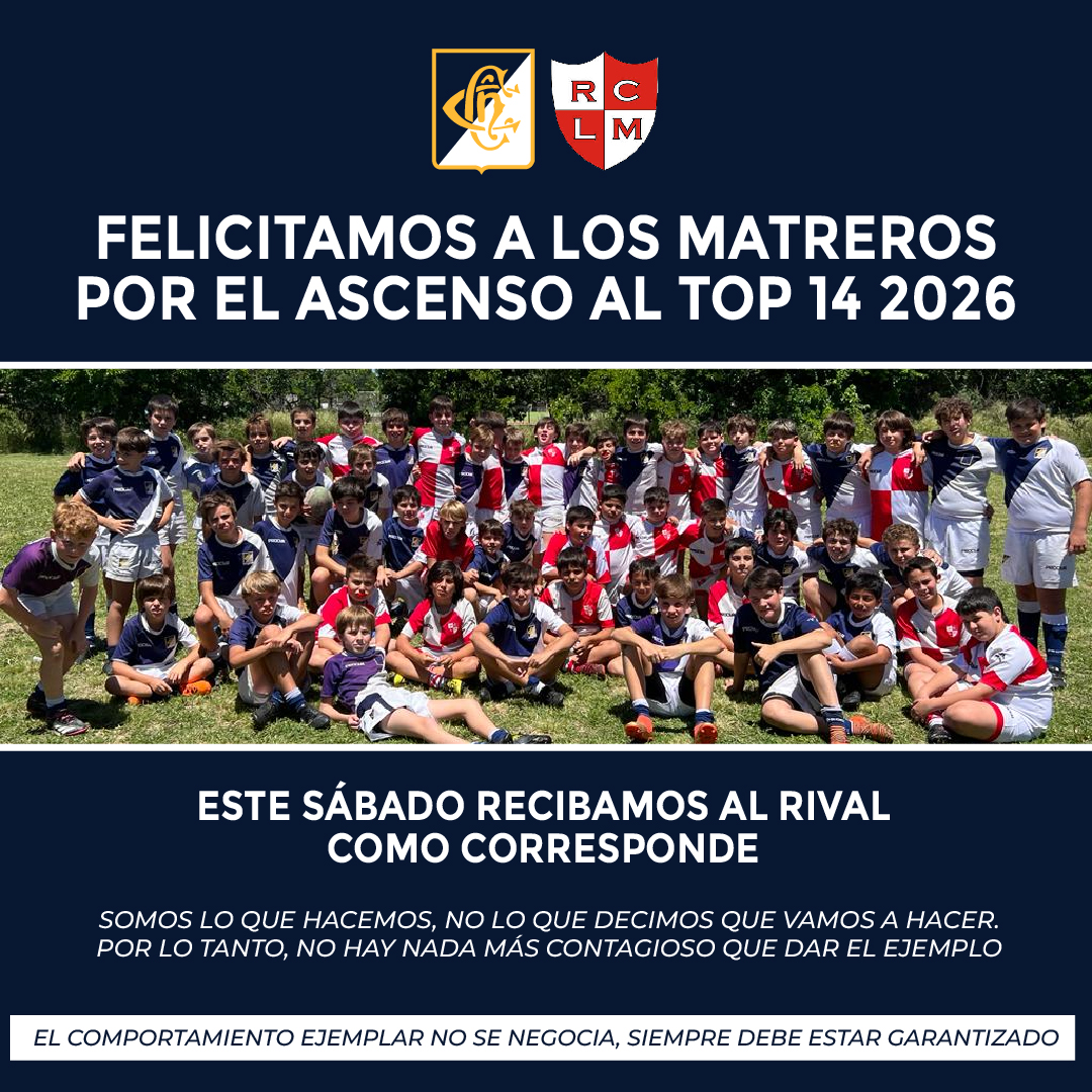 🏉 Mañana recibimos a 
<a href="/RCLosMatreros/">RCLM</a>  por la última fecha del torneo de 1A, que consiguió el fin de semana pasado el ascenso al Top14 para 2026. 
Recibamos a sus jugadores, socios e hinchas con respeto y como se lo merecen por el logro conseguido. 
𝗥𝗲𝘀𝗽𝗲𝘁𝗼 𝗦𝗜𝗘𝗠𝗣𝗥𝗘.