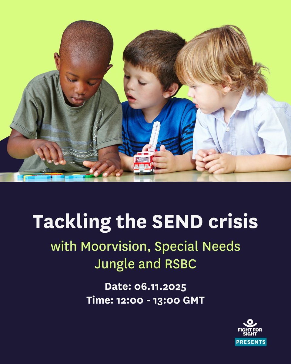 fightforsightUK's tweet photo. Join our next Fight for Sight presents episode with MoorVision, Special Needs Jungle + RSBC. Explore the various types of support available for SEND students + fam and delve into what is/isn't  working in the sector. https://t.co/JvXbHcLLzB

#SpecialEducationalNeeds #VisionLoss https://t.co/1q8POsdL5k