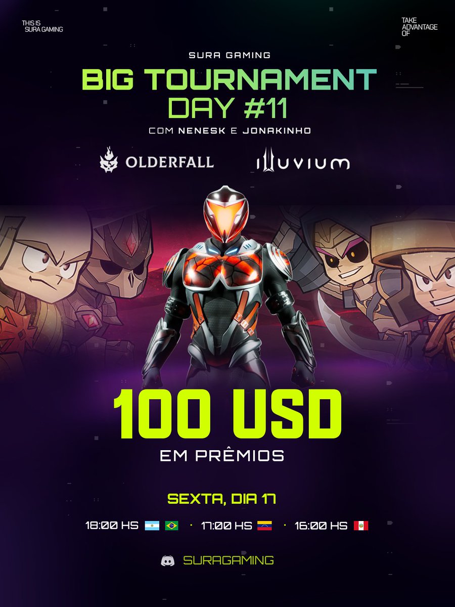 🔥 BIG TOURNAMENT DAY #11 chegou, e o hype tá mais alto que um crítico no último segundo de partida! ⚔️

Hoje, a Sura Gaming abre as portas do caos com duas arenas lendárias e uma promessa: apenas os melhores vão sair vitoriosos e com os bolsos cheios de glória e dólares. 💰

⚡