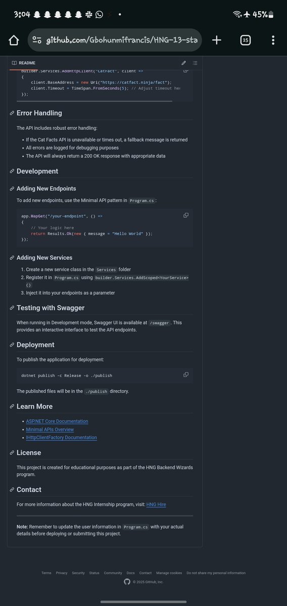 MiscYaw's tweet image. Completed my HNG Backend Wizards Stage 0 project. I developed a RESTful API using ASP.NET 8 Minimal APIs that provides user profile data and integrates with an external service for a random cat fact.
#HNG #ASPNETCore #Backend #DotNet #Developer