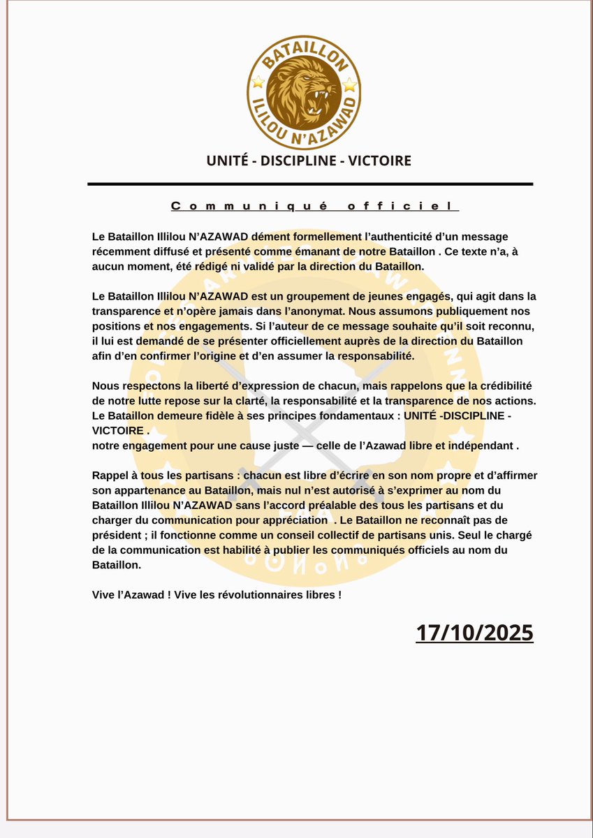 Azawad_Alerte's tweet photo. Communiquer officiel 002 https://t.co/MhG7WoGtYG