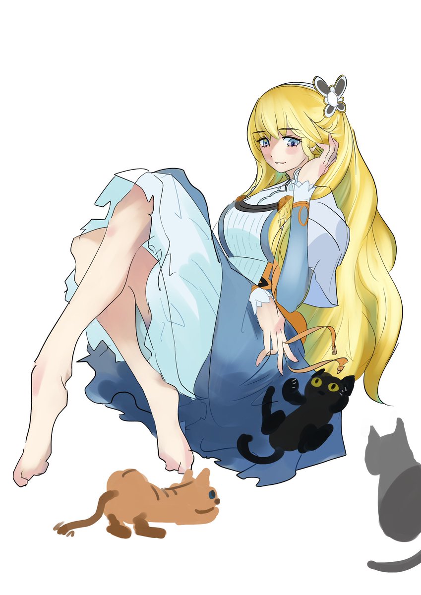 ダフネ一周年おめでと～ってことでヒロインのルルナーデちゃんを描き描き。
１年もたつと幽霊なりに暇のつぶし方や楽しみ方ができたのかなって思って、自分を見ることのできる猫と遊ぶルルナーデを描きました。
この紐は触れないのでルルナーデ勝ち確の遊びです。

#ウィズダフネ