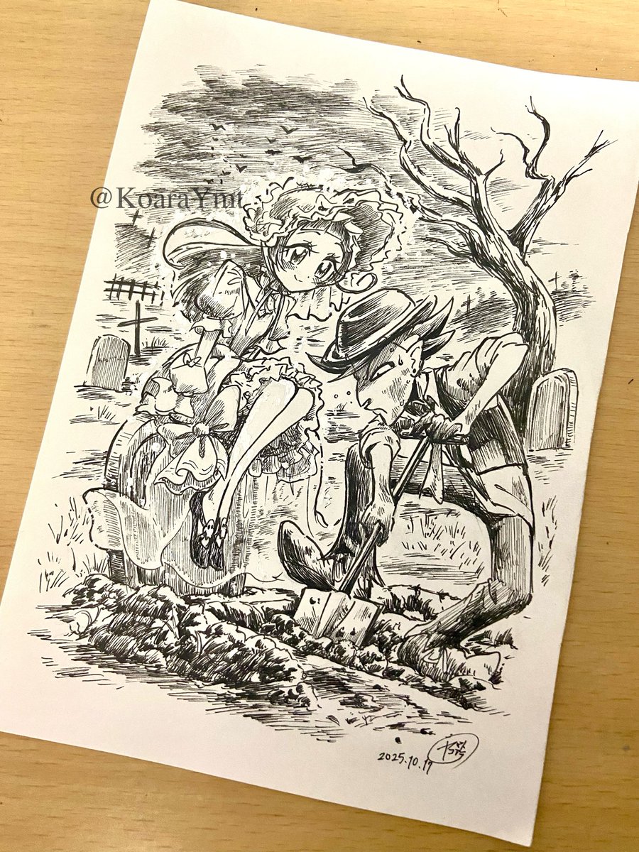 ハロウィンコスのゴーストななちゃんが可愛かったので、勢いでガサガサ描き殴った。

墓掘り人の彼には見えてない。 