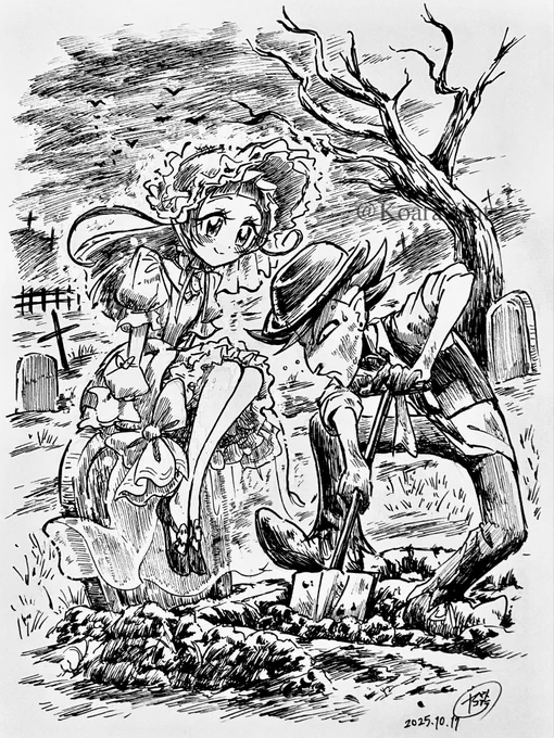 ハロウィンコスのゴーストななちゃんが可愛かったので、勢いでガサガサ描き殴った。

墓掘り人の彼には見えてない。 