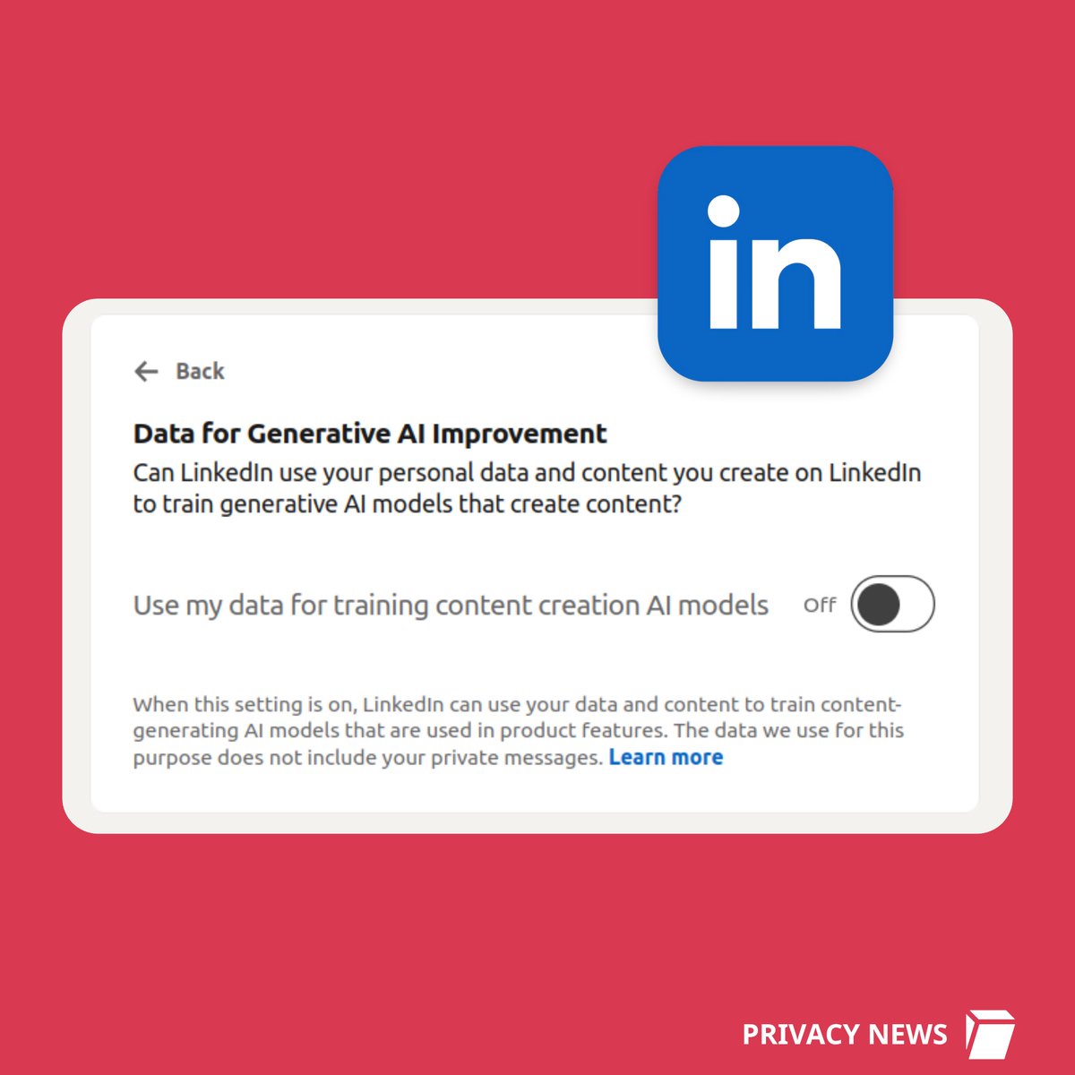 TutaPrivacy's tweet image. 🚨⏳ Act now! You have until  𝐍𝐨𝐯𝐞𝐦𝐛𝐞𝐫 𝟑, 𝟐𝟎𝟐𝟓 to prevent Microsoft from using your LinkedIn data to train AI.

You&apos;re opted in automatically,  unless you take action and turn it off.

Here&apos;s how:

Go  to your account → Settings &amp;amp; Privacy → Data privacy → Data for…