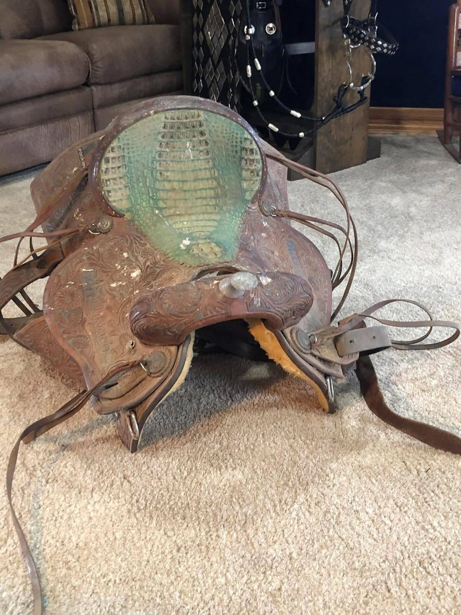 MrPitbull07's tweet image. “I found this trophy saddle in my grandfather's barn three months after his funeral and almost threw it away because it looked beyond saving.
It was buried under moldy tarps and decades of dust, the leather cracked and faded, that gorgeous turquoise seat oxidized to almost…