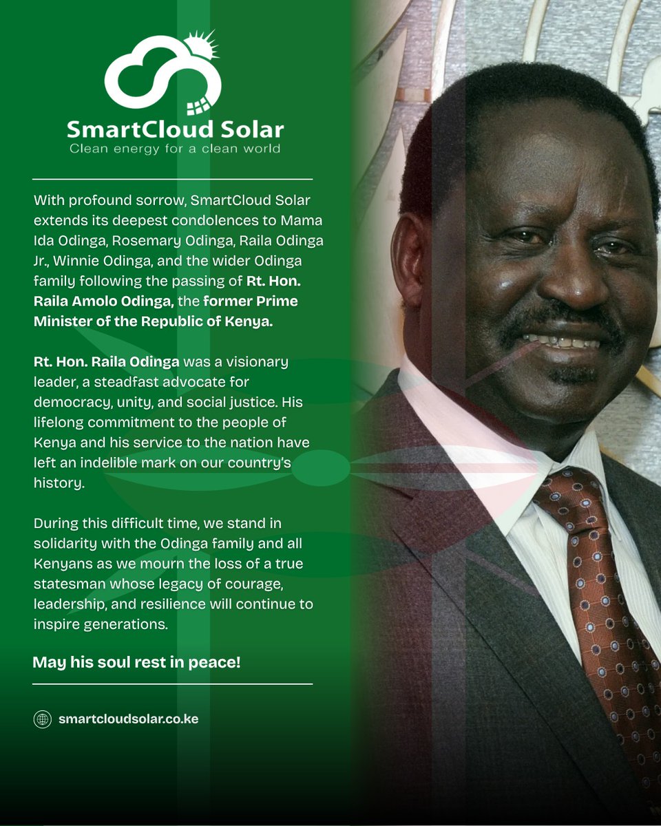 Smartcloud254's tweet image. 🕊️ Our heartfelt condolences to Mama Ida Odinga, Rosemary, Raila Jr., Winnie, the entire Odinga family and Kenya.
#solarenergy #Raila #Condolences #CleanEnergy