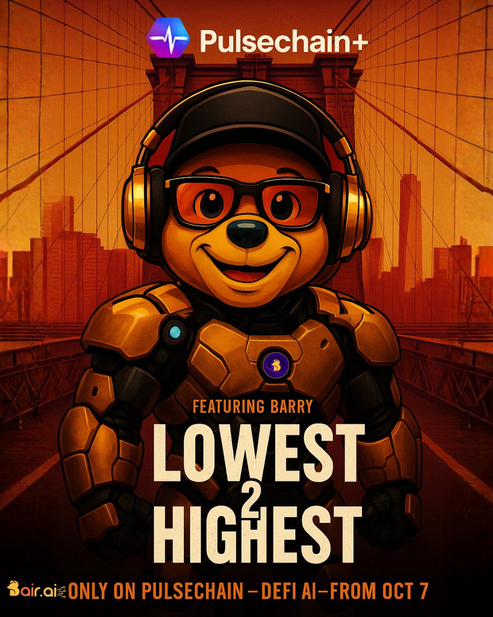 From Bear market to Barry market.⚡
LOWEST 2 HIGHEST — DeFi AI lands on Pulsechain+.
Meet Barry, the AI brain powering InfoFi. Starting Oct in all wallets. 🧠🐻
#PulseChain #BAIR #DeFi #CryptoAI #InfoFi