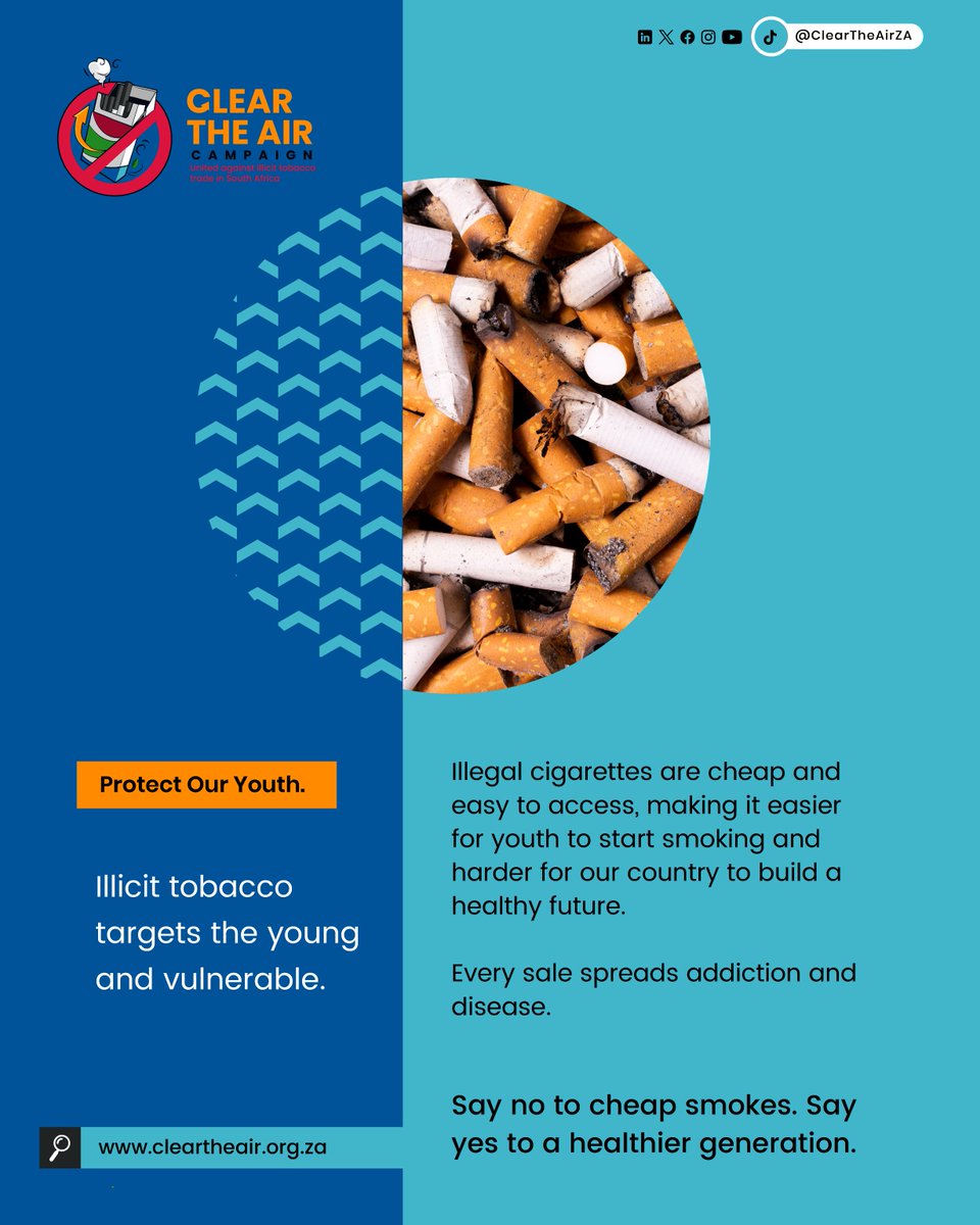 👉 Sign the petition to protect our youth and end the trade of illicit tobacco: cleartheair.org.za/petition/end-i…

🚭 Protect Our Youth! Stop Illicit Tobacco!

Illicit cigarettes aren’t just a tax problem; they’re a youth problem. 💔
Because they’re cheap and easily accessible, more young