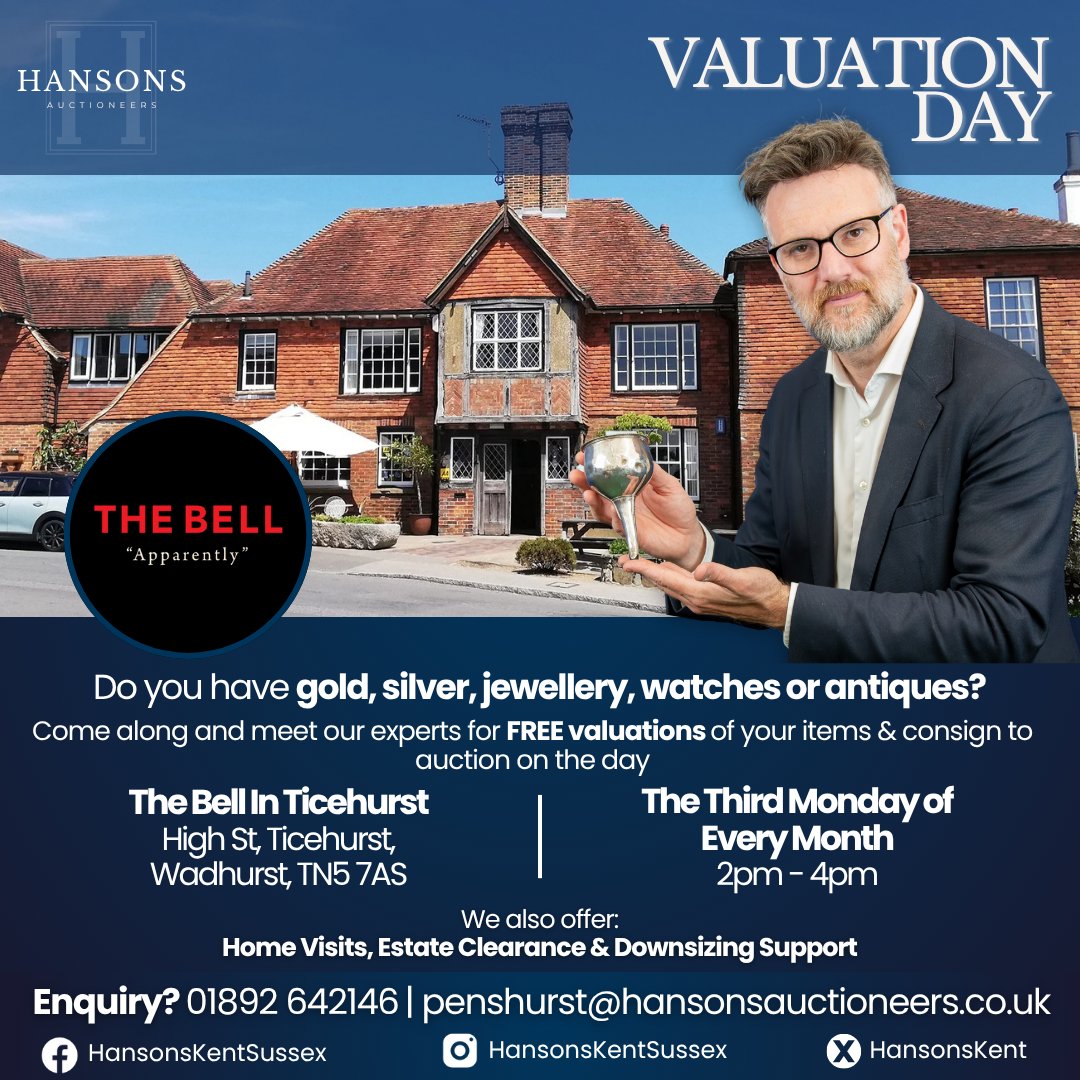 Free Valuations: Ticehurst!

Join Hansons Kent &amp; Sussex at The Bell In Ticehurst on Mon 20th Oct, 2–4pm, for free expert valuations of your gold, jewellery, antiques &amp; more. Consign on the day!

No booking required. 📍 TN5 7AS 📞 01892 642146

#HansonsAuctioneers #FreeValuations