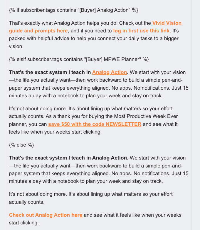mattragland's tweet image. Here's an easy way to start using @kit's liquid syntax in your emails to make more sales to the right people.
First, identify your buyers. Give them a direct link to where they can get the lesson you talked about in the newsletter. I also use this to upsell coaching.
Next,…
