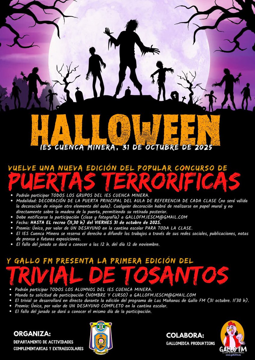 🎃 𝗛𝗔𝗟𝗟𝗢𝗪𝗘𝗘𝗡 𝟮𝟬𝟮𝟱 | Hasta el recreo tenemos concursos de: 

1⃣ Decoración de puertas de las aulas de cada grupo.
2⃣ Trivial de Tosantos en los estudios de Gallo FM (durante el recreo del día 31)

Te animas? Participa y vive el IES Cuenca Minera! 🧟‍♀️🕺