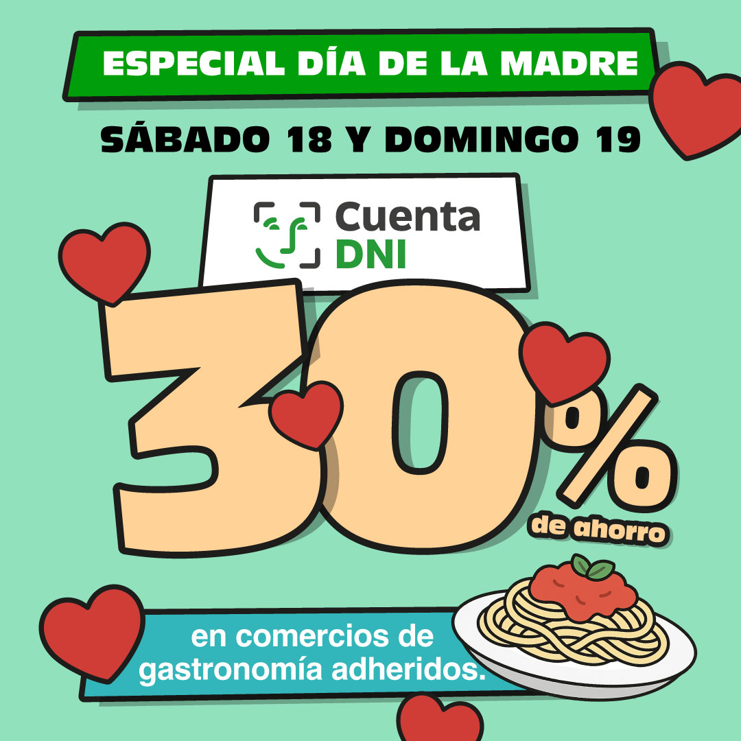 #CuentaDNI | ¿Conocés nuestra promo por el Día de la Madre? ❤️

🍕 Este finde tenés 30% de descuento en negocios de gastronomía. ¡Dale una sorpresa!

🔗 bancoprovincia.com.ar/cuentadni/cont…
