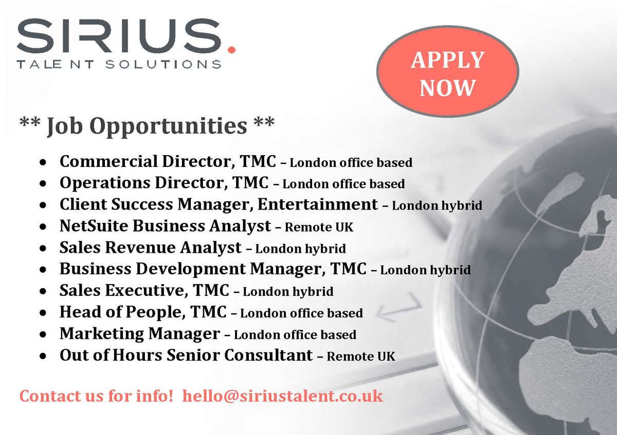 Some fantastic new job opportunities just in!
siriustalent.co.uk
#sirius #siriustalent #corporatetravel #businesstravel #corporatetraveljobs #businesstraveljobs #traveljobs