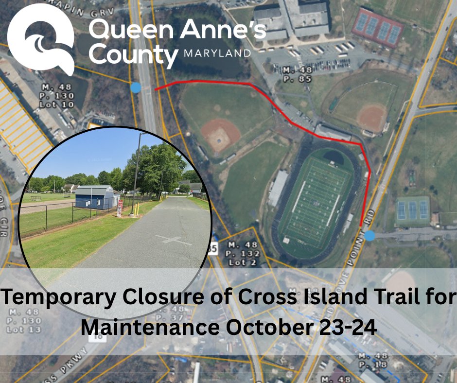 Parks and Recreation will temporarily close a section of the Cross Island Trail near the baseball fields at Kent Island High School on Thursday, October 23, and Friday, October 24, to allow for essential maintenance work.
qac.org/CivicAlerts.as…