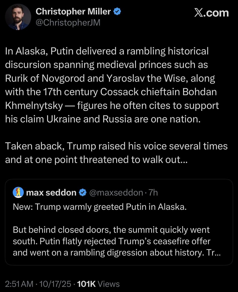 Ron Filipkowski (@ronfilipkowski) on Twitter photo I watched this same performance in Feb 2024, when Tucker attempted to “interview” Putin and instead sat there like a fool while Putin rambled for 2 hours about his historical justification for the invasion beginning in the 14th century. I watched this same performance in Feb 2024, when Tucker attempted to “interview” Putin and instead sat there like a fool while Putin rambled for 2 hours about his historical justification for the invasion beginning in the 14th century.