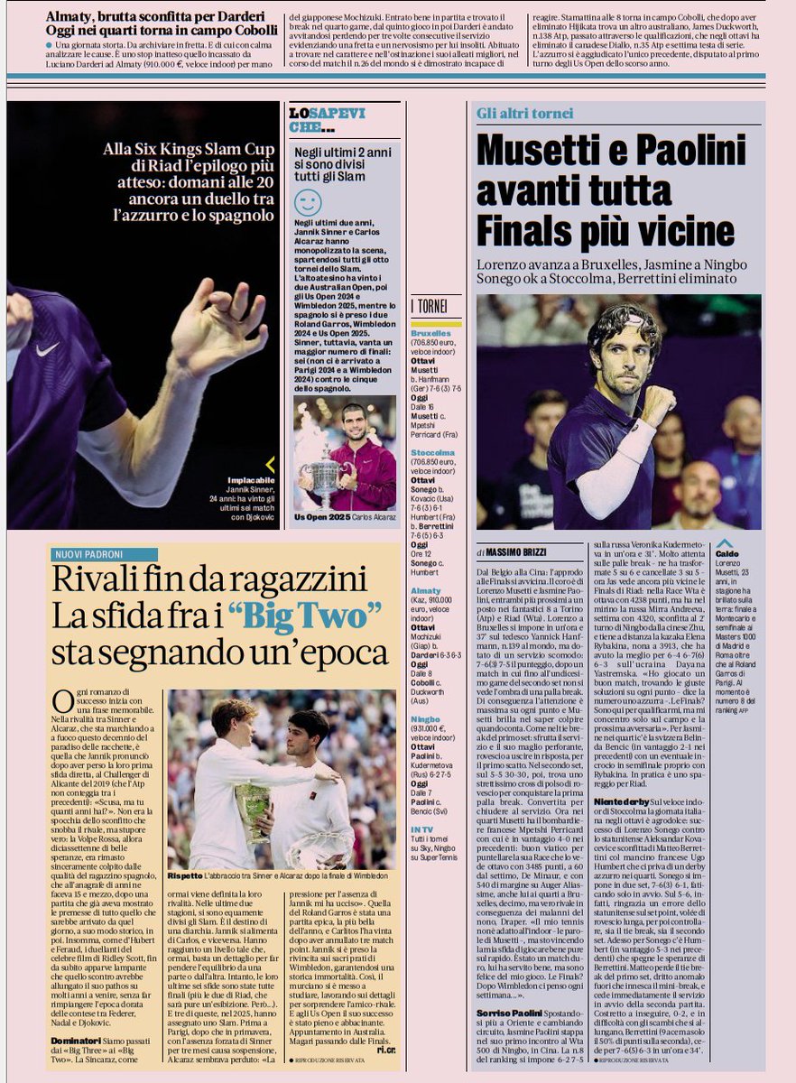 Frank201410's tweet photo. #rassegnastampa un po' così.  

#RiccardoCrivelli #MassimoBrizzi @paolobertolucci 
@Gazzetta_it 17/10/2025  

#Jannik #Sinner #Djokovic #Alcaraz #sixkingsslam2025 #Musetti #Paolini https://t.co/rbcqyvkqtZ