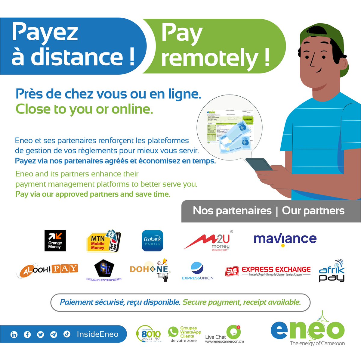 InsideEneo's tweet photo. #InfoClient | Payez vos factures à distance et en toute sécurité.

Chers clients Postpayé,

Évitez de vous déplacer ! Payez en toute confiance via nos partenaires agréés  :

Express Union, Express Exchange, Orange Money, MTN MoMo, M2U Money, Smobilpay, AfrikPay, Ecobank Mobile, Alooh Pay, Dohone, et Sokamte.

Merci de faire partie de la famille Eneo — ensemble, simplifions-nous la vie !

Eneo Communication